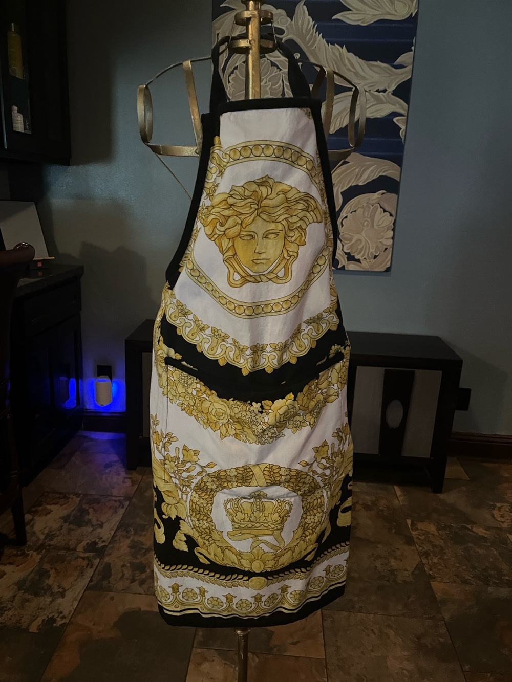 Versace Medusa print Black, White and Gold Baroque Medallion Apron single pocket
